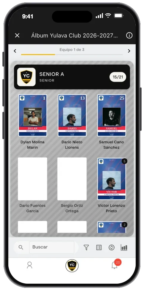 Cromos de jugadores del álbum digital de un club en Yulava Connect
