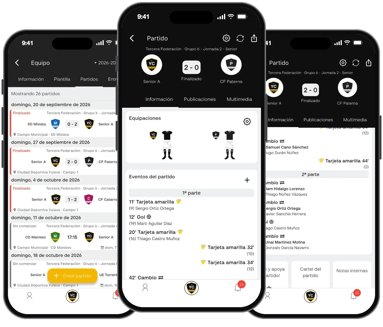 Convocatoria, clasificación y ficha de partido en Yulava Connect
