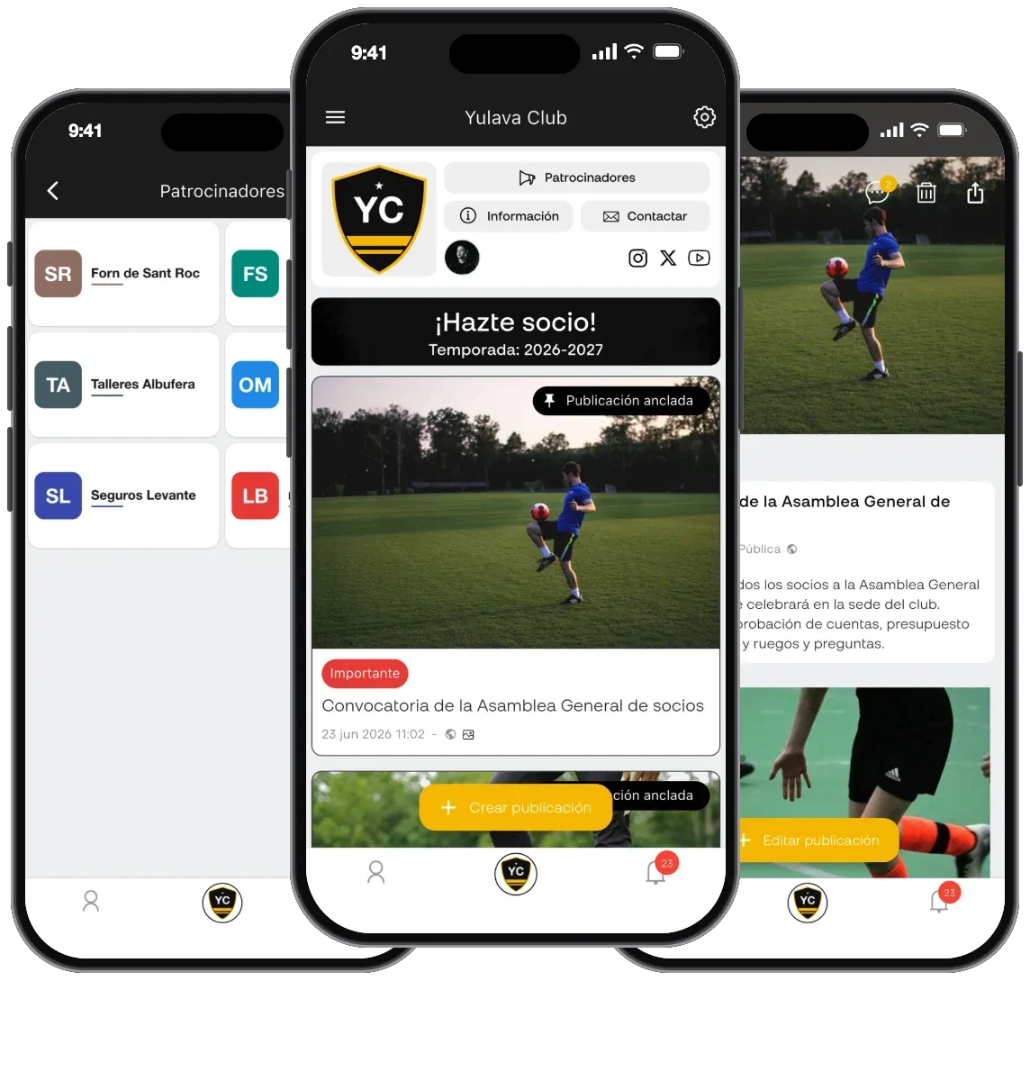 Muro de publicaciones de un club en la app Yulava Connect