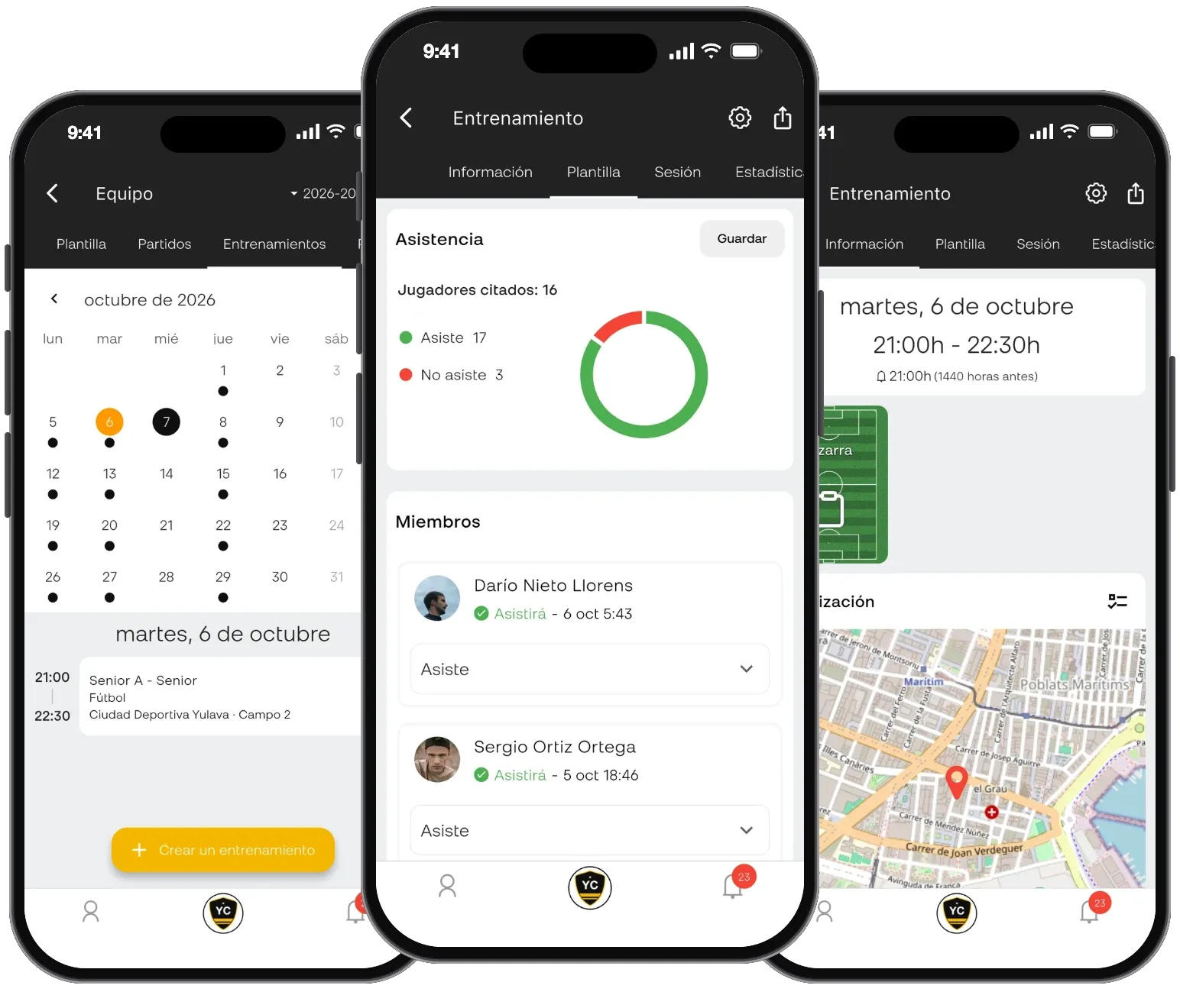 Calendario, asistencia y ejercicio táctico de un entrenamiento en Yulava Connect