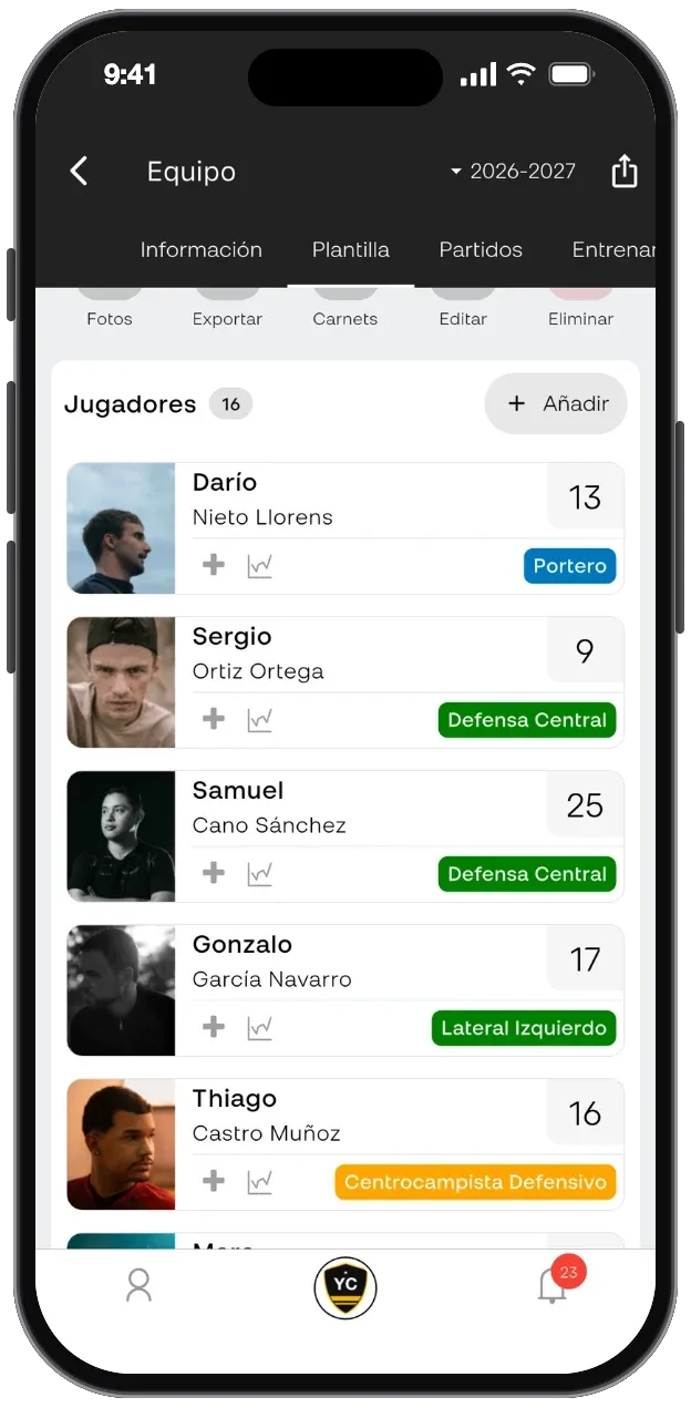 Plantilla de un equipo con las fotos de los jugadores