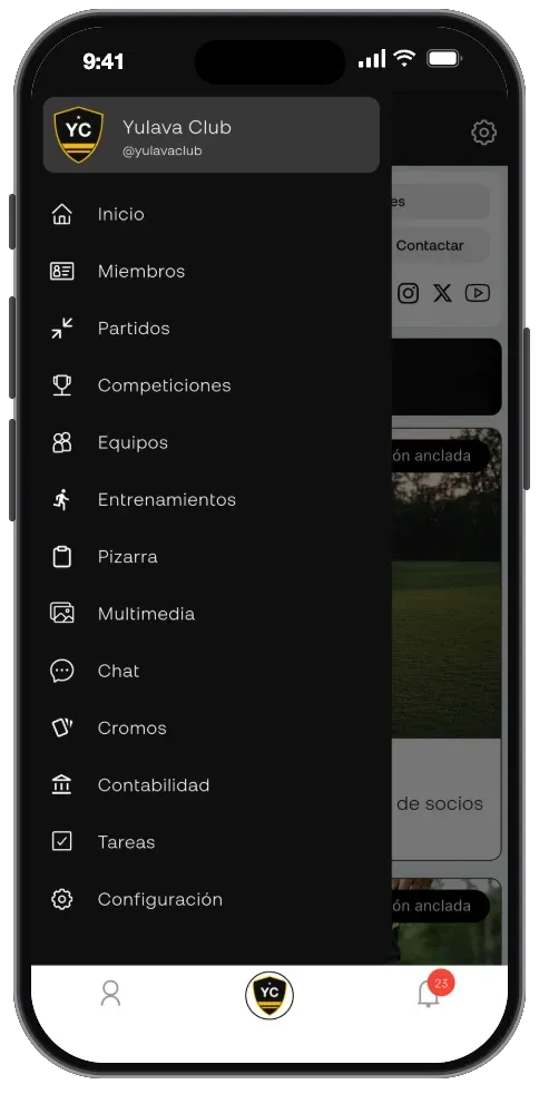 Menú de Yulava Connect con todos los módulos del club