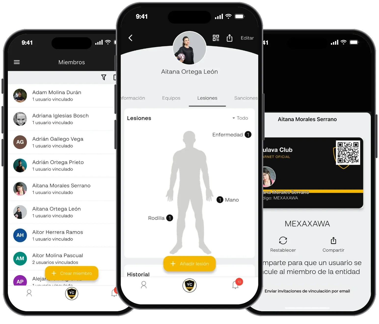 Carnet digital de miembro y ficha de lesiones en Yulava Connect