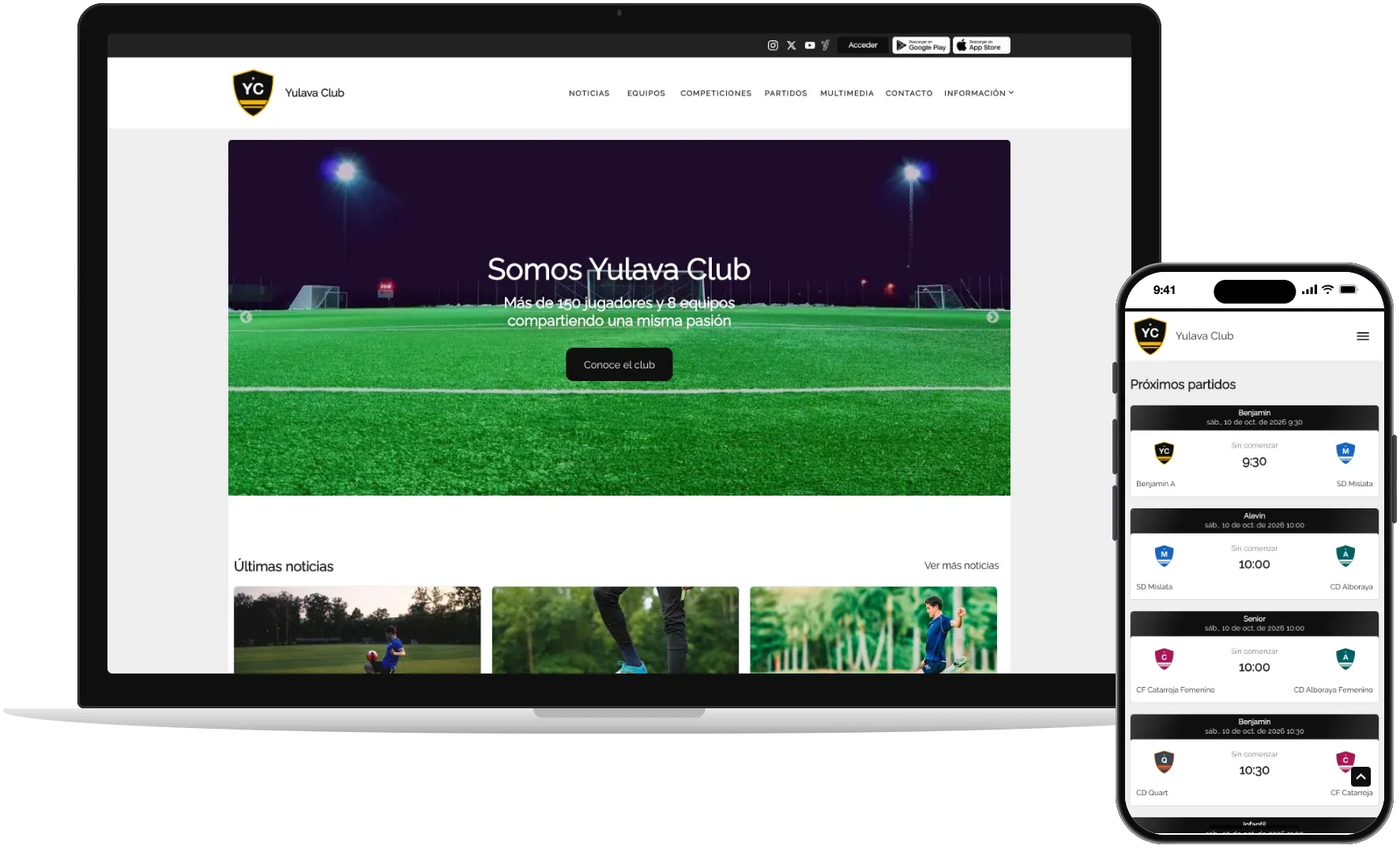 Web pública de un club generada por Yulava Connect, vista en un portátil y en un móvil