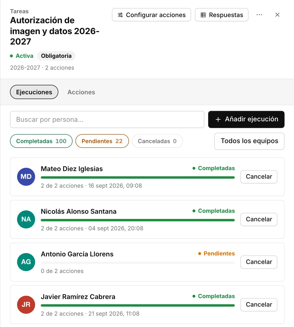 Seguimiento de una autorización obligatoria: completadas, pendientes y progreso de cada persona